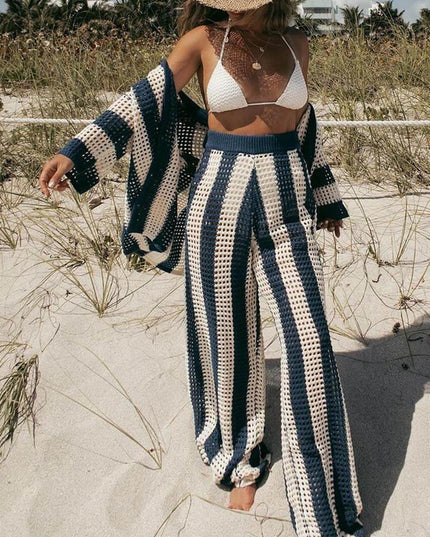 Fashion Loose V-Neck Hollow Out Striped Shirt Wide Leg Pants Set