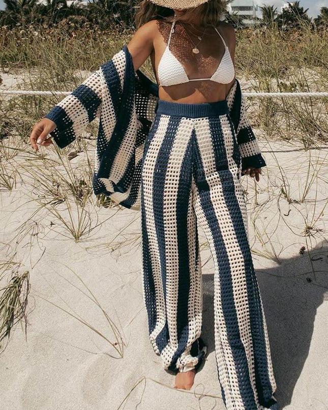 Fashion Loose V-Neck Hollow Out Striped Shirt Wide Leg Pants Set