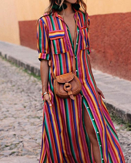 Casual Striped Printed Shirt Maxi Skirt