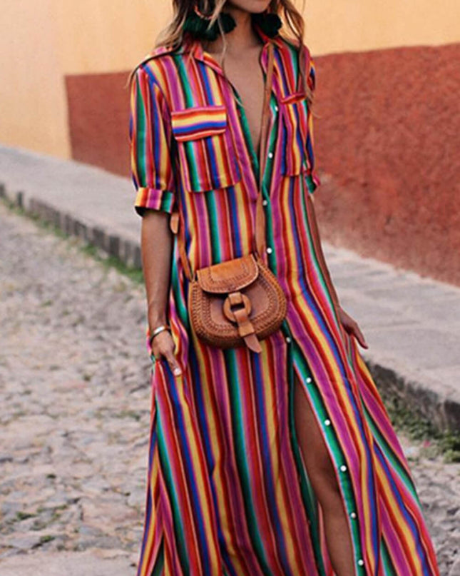 Casual Striped Printed Shirt Maxi Skirt