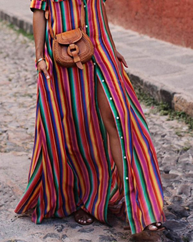 Casual Striped Printed Shirt Maxi Skirt