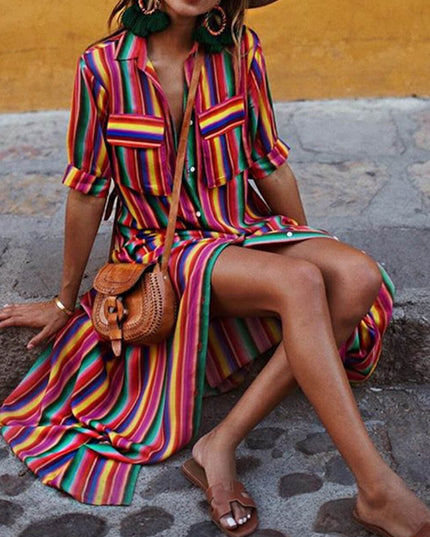 Casual Striped Printed Shirt Maxi Skirt