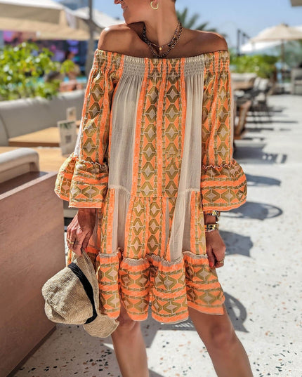 Linen Blend Ethnic Print Off Shoulder Loose Mini Dress