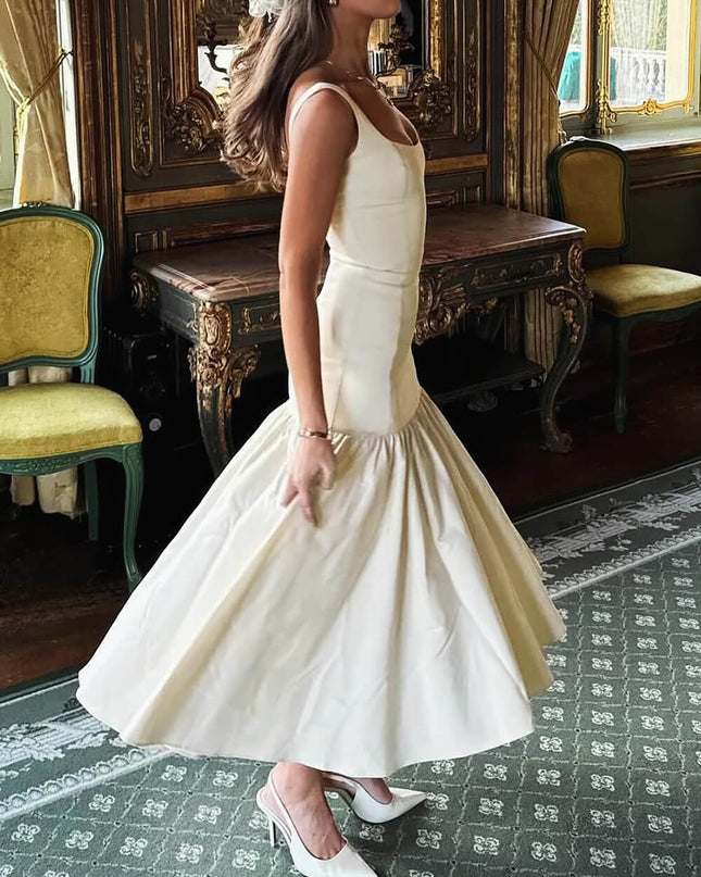 Graceful Square Neck Wide Strap Drop Waist Midi Dress