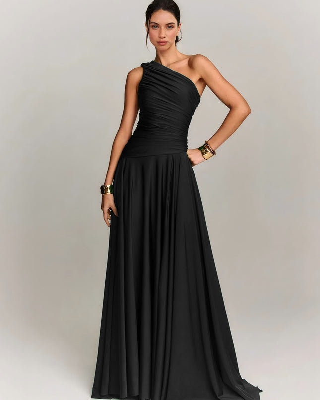 Elegant Draped One Shoulder Cocktail Maxi Dress