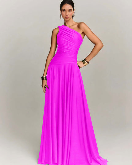 Elegant Draped One Shoulder Cocktail Maxi Dress