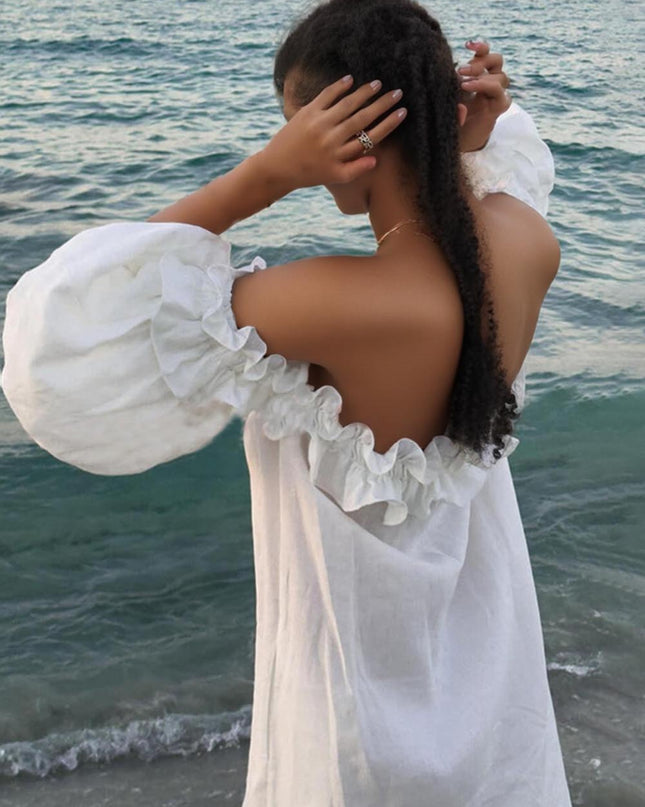 Off Shoulder Ruffle Puff Sleeve Pocketed Midi Dress