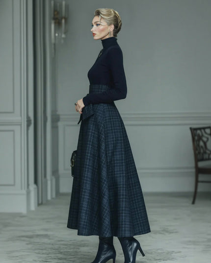 Exquisite High-neck Stretch Top And Plaid Skirt Two-piece Set