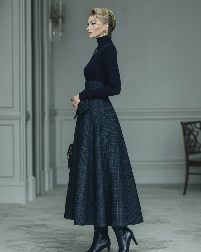 Exquisite High-neck Stretch Top And Plaid Skirt Two-piece Set