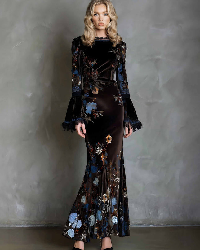 Elegant Velvet Floral Print Lace Flared Sleeve Fishtail Maxi Dress