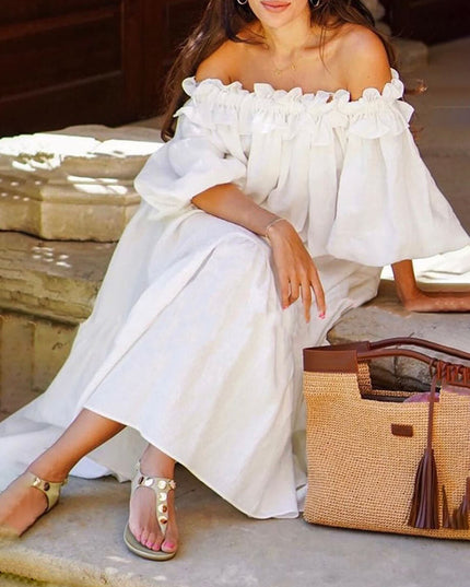 Off Shoulder Ruffle Puff Sleeve Pocketed Midi Dress
