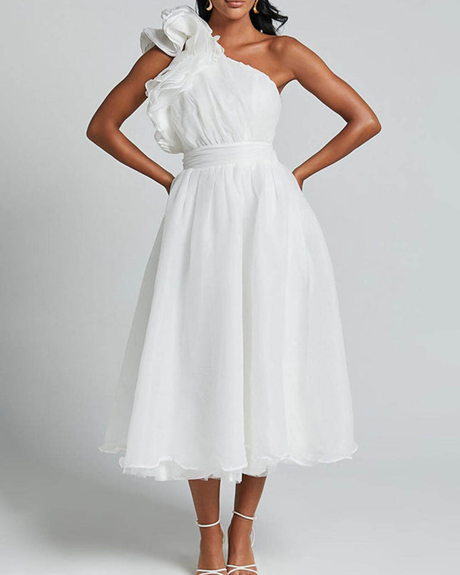 Unique Romantic Seaside One Shoulder Frill Detail Sleeve Layered Midi Dress