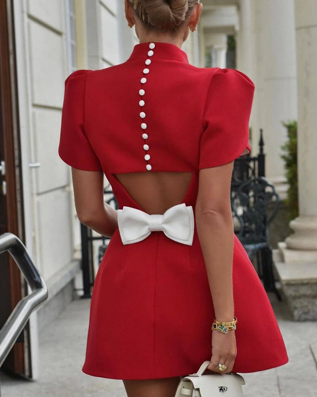 Elegant Sweet Moment Slit Short Sleeve Backless Bow Mini Dress