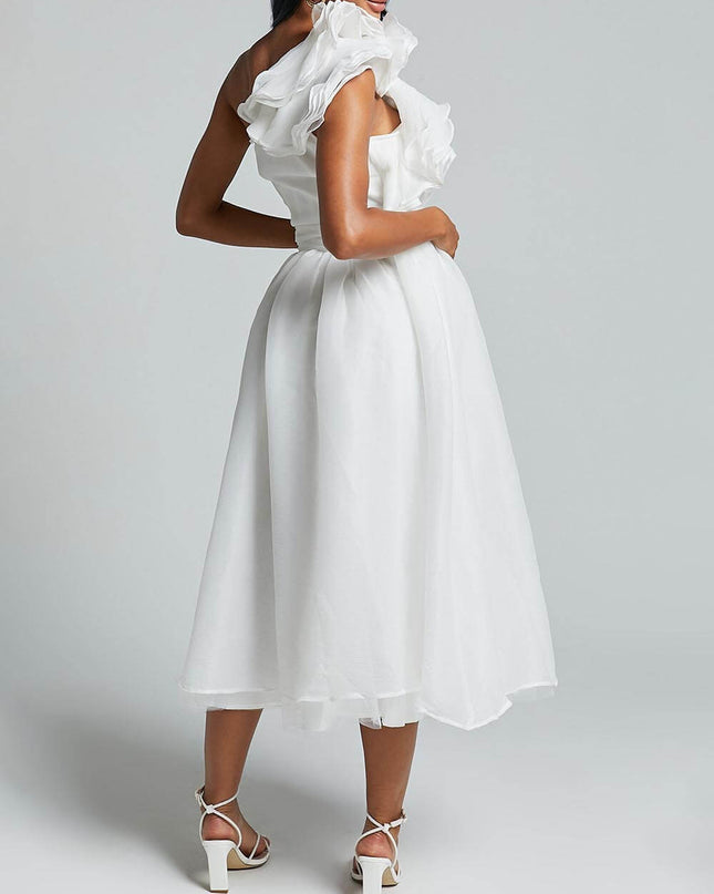 Unique Romantic Seaside One Shoulder Frill Detail Sleeve Layered Midi Dress