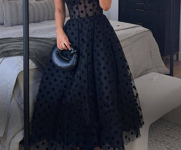 Exquisite Perfect Tulle Polka Dot Sweetheart Bustier A-Line Midi Dress – LUNAVA