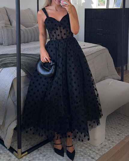 Exquisite Perfect Tulle Polka Dot Sweetheart Bustier A-Line Midi Dress