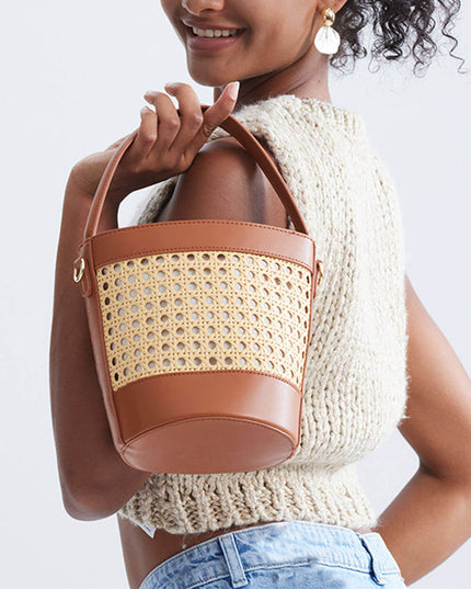 Beach Holiday Hollow Hand-Woven Rattan Drawstring Bucket Bag