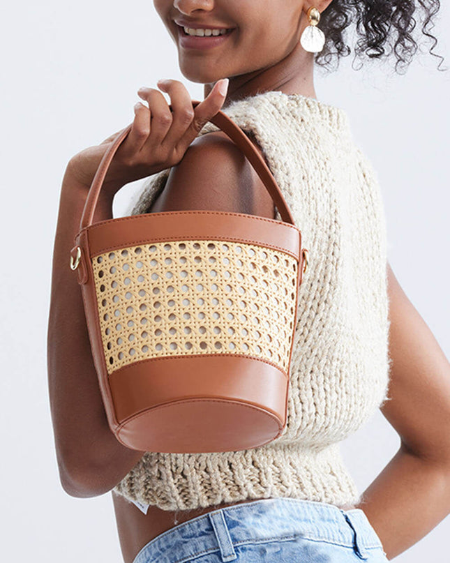Beach Holiday Hollow Hand-Woven Rattan Drawstring Bucket Bag