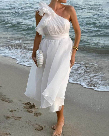 Unique Romantic Seaside One Shoulder Frill Detail Sleeve Layered Midi Dress