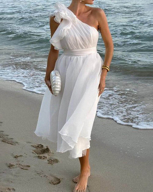 Unique Romantic Seaside One Shoulder Frill Detail Sleeve Layered Midi Dress