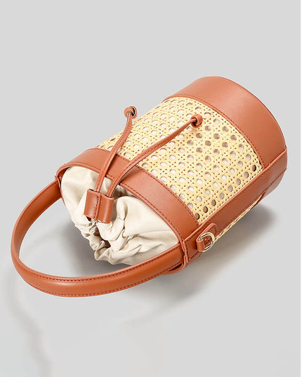 Beach Holiday Hollow Hand-Woven Rattan Drawstring Bucket Bag