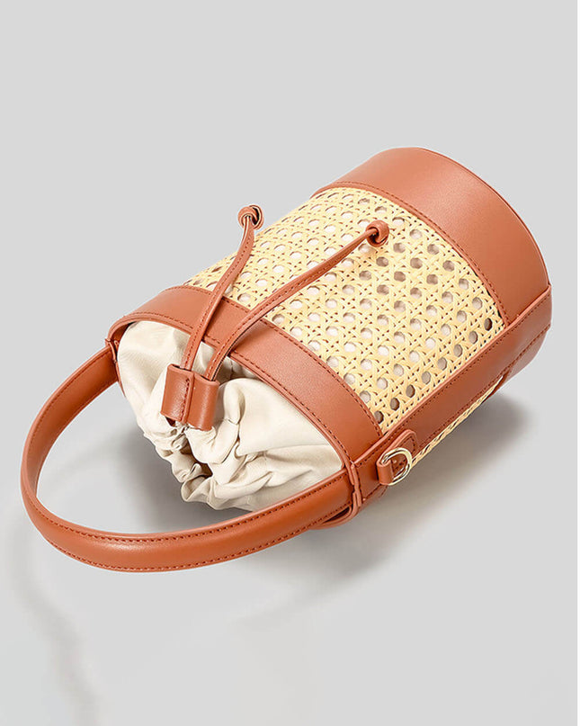 Beach Holiday Hollow Hand-Woven Rattan Drawstring Bucket Bag