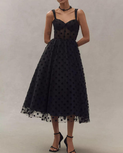 Exquisite Perfect Tulle Polka Dot Sweetheart Bustier A-Line Midi Dress