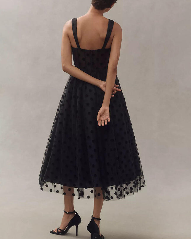 Exquisite Perfect Tulle Polka Dot Sweetheart Bustier A-Line Midi Dress
