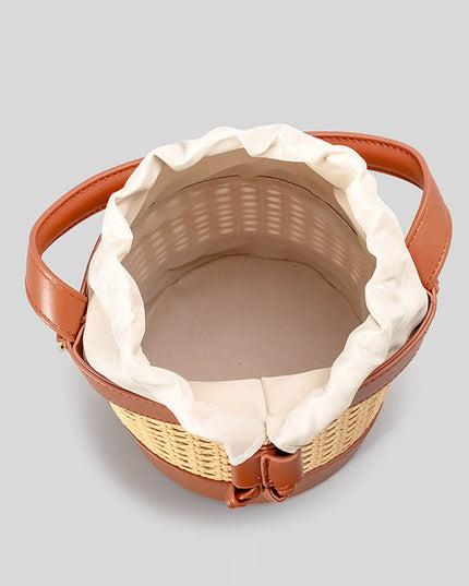 Beach Holiday Hollow Hand-Woven Rattan Drawstring Bucket Bag