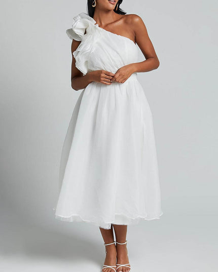 Unique Romantic Seaside One Shoulder Frill Detail Sleeve Layered Midi Dress