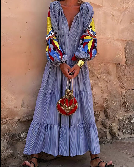 Unique Peacock Pattern Striped Print Deep V Loose Maxi Dress