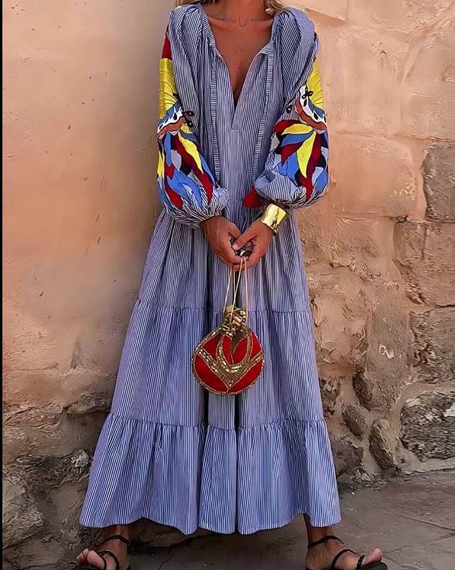 Unique Peacock Pattern Striped Print Deep V Loose Maxi Dress