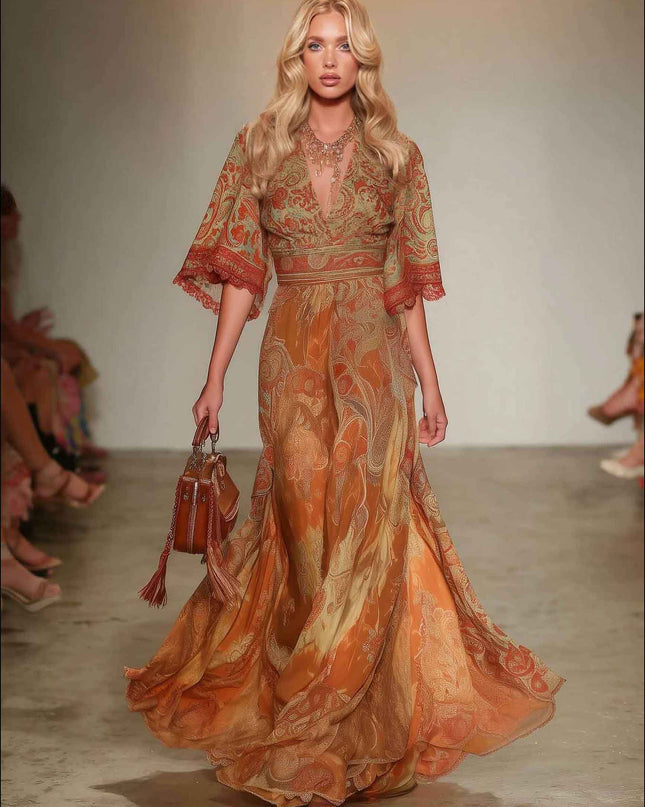 Elegant Retro Paisley Print V-Neck Maxi Dress
