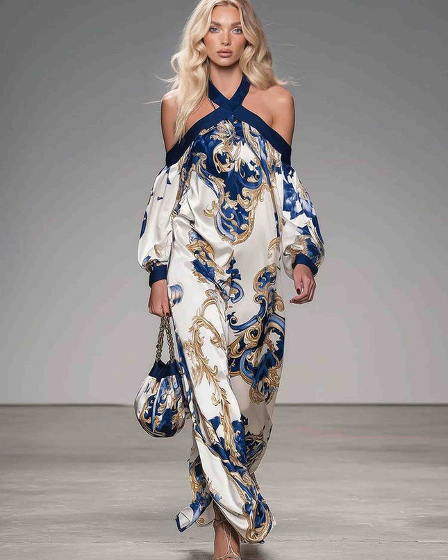 Retro Off-shoulder Printed Satin Maxi Dress