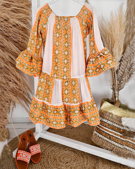 Linen Blend Ethnic Print Off Shoulder Loose Mini Dress