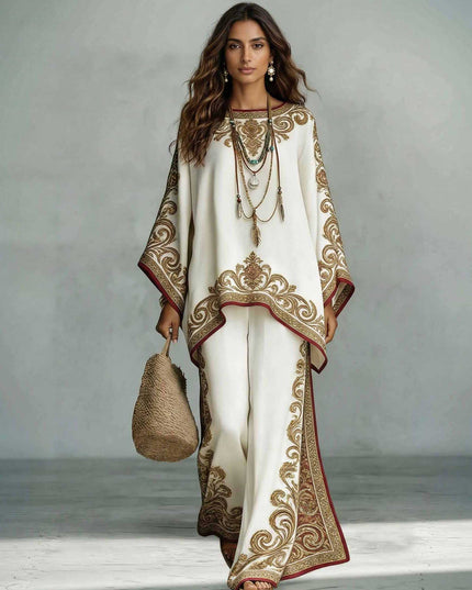 Elegant Satin Printed Oversized Shawl Top & Pants Two-Piece Set