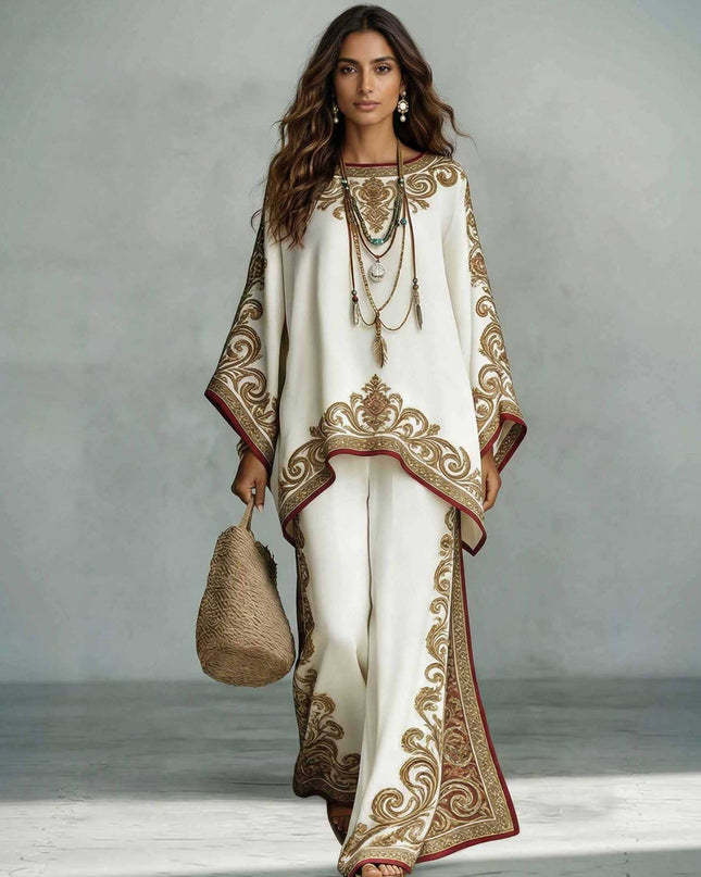 Elegant Satin Printed Oversized Shawl Top & Pants Two-Piece Set