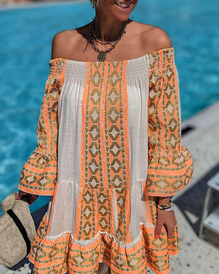 Linen Blend Ethnic Print Off Shoulder Loose Mini Dress