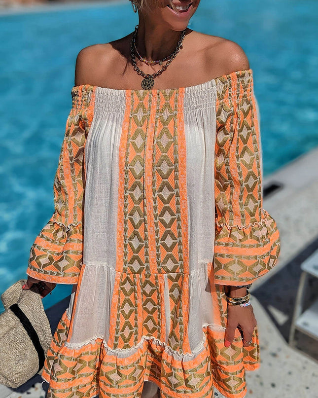 Linen Blend Ethnic Print Off Shoulder Loose Mini Dress