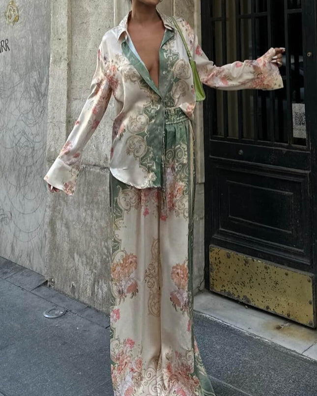 "Vintage Garden" Satin Floral Print Two-Piece Set