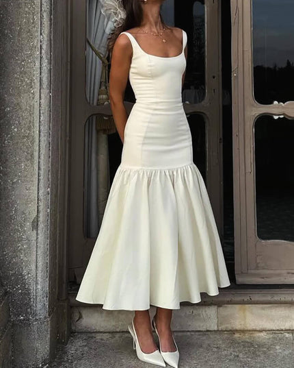 Graceful Square Neck Wide Strap Drop Waist Midi Dress