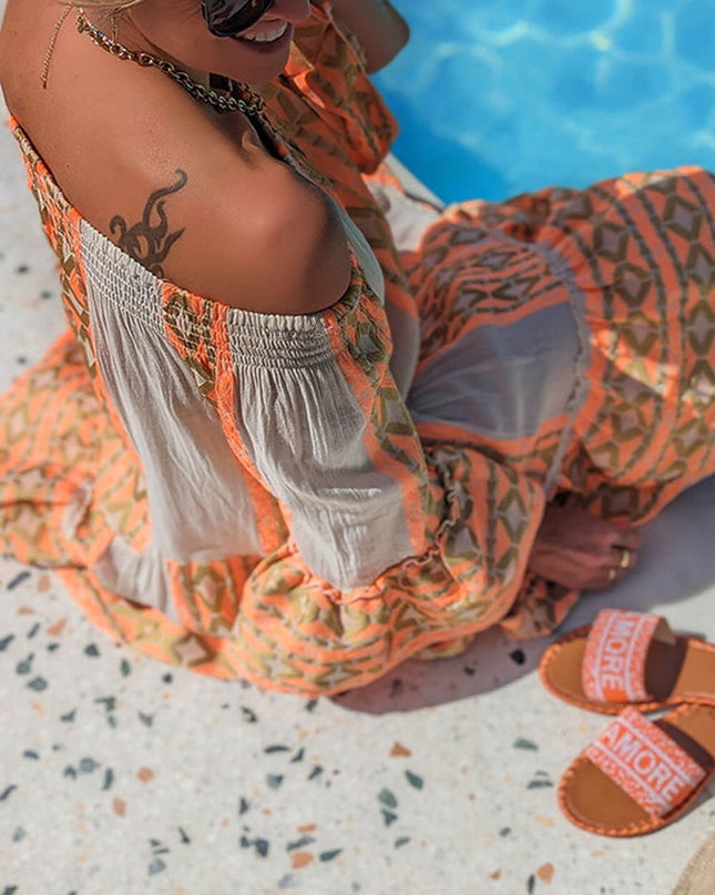Linen Blend Ethnic Print Off Shoulder Loose Mini Dress