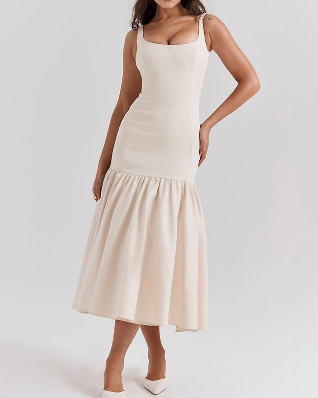 Graceful Square Neck Wide Strap Drop Waist Midi Dress