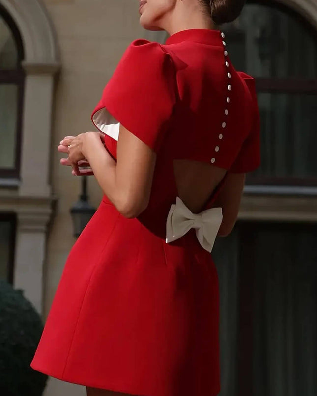 Elegant Sweet Moment Slit Short Sleeve Backless Bow Mini Dress