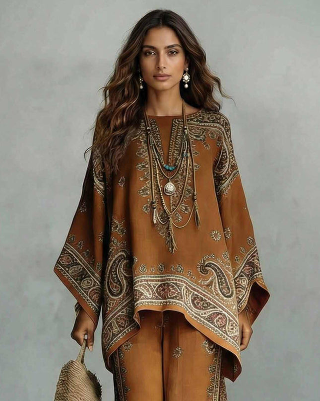 Bohemian Paisley Print Batwing Sleeve Two-Piece Set