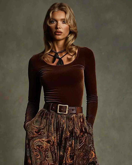 Retro Stretch Velvet Top And Paisley Print Maxi Skirt Set