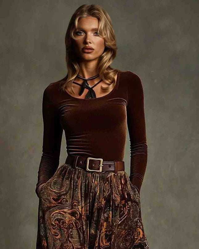 Retro Stretch Velvet Top And Paisley Print Maxi Skirt Set