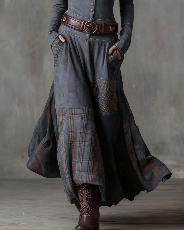 Retro Plaid Patchwork Maxi Dress