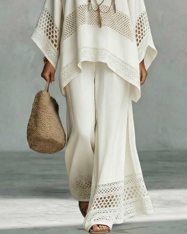 Exquisite Crocheted Lace Wide-Leg Pants Two-Piece Set