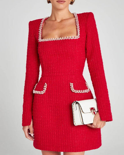 Exquisite Girl Charm Pearl Trim Slit Sleeve Pocket Mini Dress